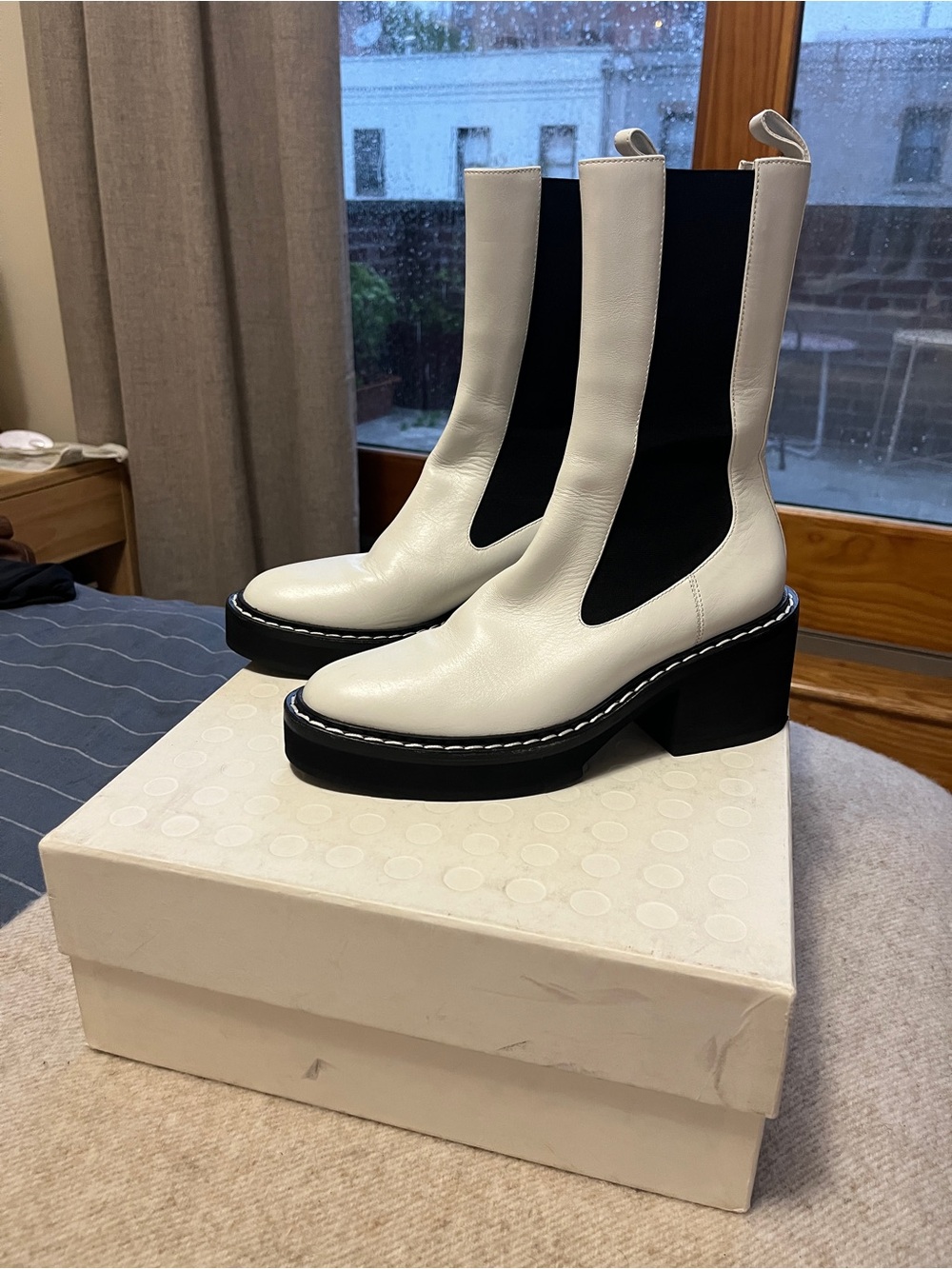 KHAITE White Leather Chelsea Heeled Boots with Black Panels